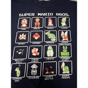 Super Mario Brothers 16 Character Pixel Blue Shirt Toad Luigi Bowser Peach 2XL
